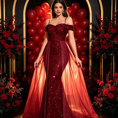 jewelry for red formal dress Silver Prom silk organza fabric gown