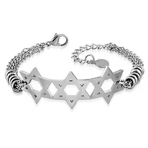 Stainless Steel Silver-Tone Triple Jewish Star of David Chain Bracelet