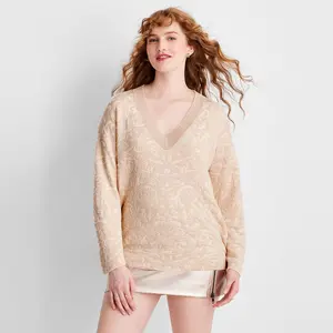 Women's V-Neck Brocade Sweater - Future Collective Cream M
