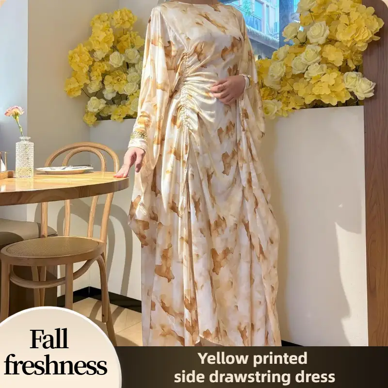 【FallFreshness】CL71 -1 Yellow Marble Patterned Satin Dress with Curve Sleeves for Casual & Formal Occasions - High-Quality Fabric, Smooth & Soft, Eleg