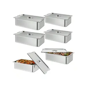 silver- 6 Pack Full Size Food Pans, 6 Inch Deep Commercial Catering Hotel Pan, NSF Certified, Stainless Steel Anti-Jamming Steam Table Pan, Handle + Lid