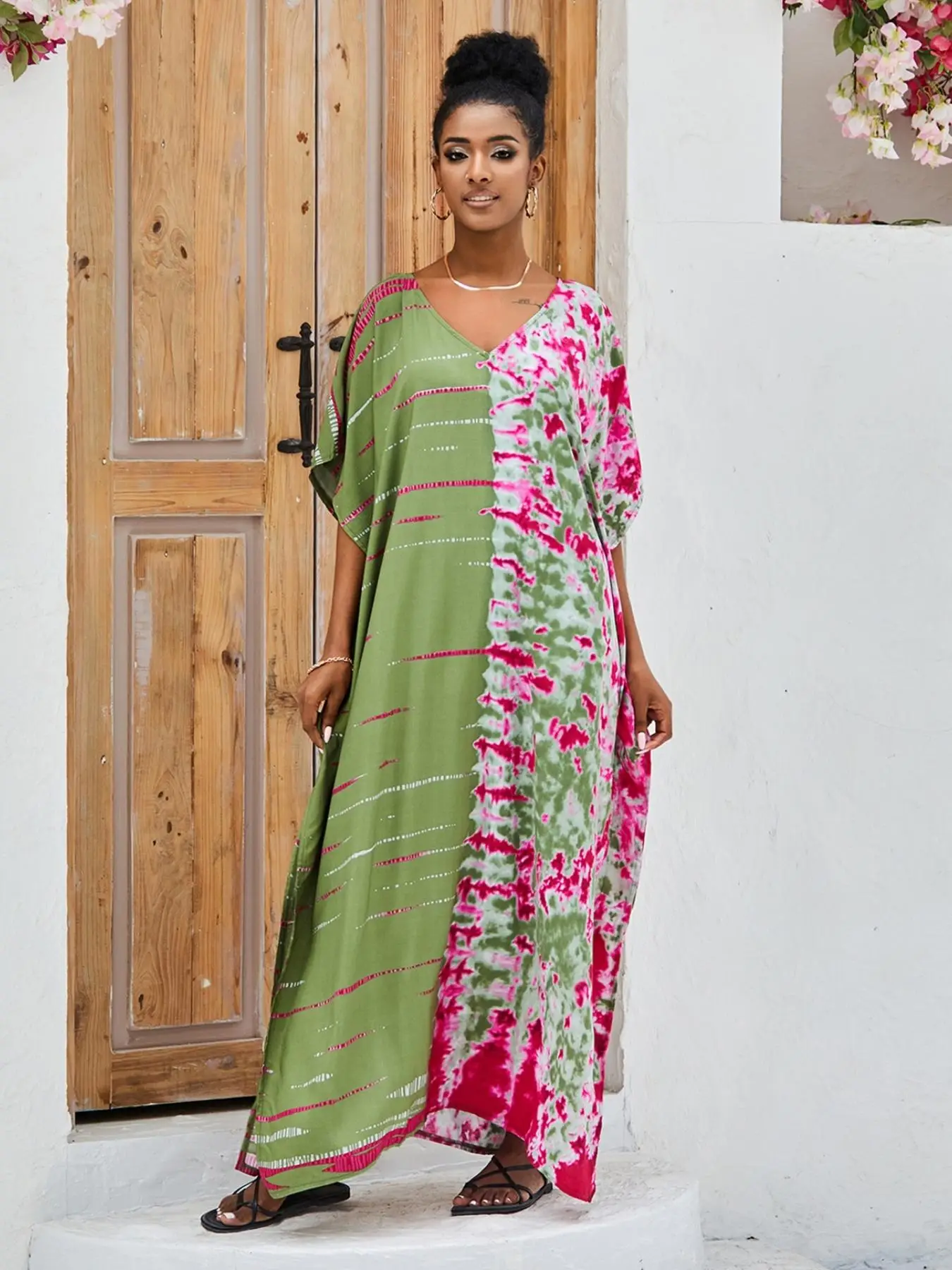 Islamic Clothing-Ombre Batwing Sleeve Split Thigh Kaftan, Colorful V-neck Round Neck Kaftan, Boho Islamic Summer Clothes for Women