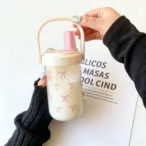 Bow Pet Plastic Cup, Milk Tea Cup, Coffee Cup, Cold Drink Cup with Portable Handle, Food Grade Plastic, Reusable and Durable, Drinkware