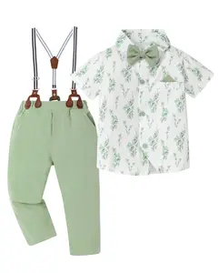 Toddler Boy Clothes Suit Gentleman Wedding Outfits Kids Formal Dress Shirt Bowtie Long Suspender Pants Overalls 1-5T