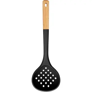 Kitchen Ladle Strainer, Large Slotted Spoon with High Heat Resistant , Non Stick Cooking Skimmers For Draining & Frying, 13.2inch (Black)