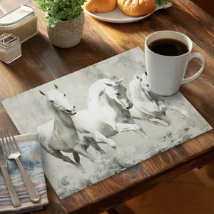 360 stand Tableware Handplacemat, CPPM1418195Y1H, 14x18 in., White 3-Horse Design, Polyester Material, Neutral Tone, Stain-Proof, for Kitchen Table Use