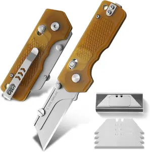 Folding Pocket Utility Knife ，Quick Change Blade Razor Knife with 4Pcs Extra Razor Blades,Box Cutter with Rail Lock and Pocket Clip for Everyday Carry（Amber）