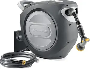 GLAHODEN Retractable Hose Reel,TikTokShopBlackFriday， Widest 5/8x100 FT Garden Water Hose Reel with 9-Pattern Nozzle, 180° Swivel Bracket Wall-Mounted, Automatic Rewind, Lock at Any Length, with Slow Return System