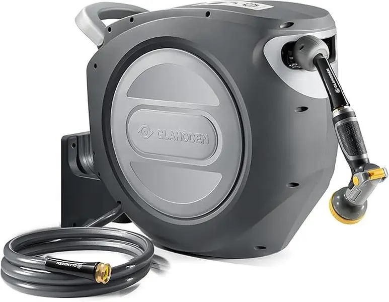 【summerfinds】GLAHODEN Retractable Hose Reel, Widest 5/8x100 FT Garden Water Hose Reel with 9-Pattern Nozzle, 180° Swivel Bracket Wall-Mounted, Automatic Rewind, Lock at Any Length, with Slow Return System