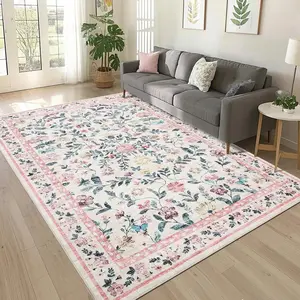 Gaomon 9x12 Faux Wool Low Pile Farmhouse Floral Print Accent Rug, Washable Stain-Proof Non-Slip Backing Soft Indoor Use Rug for Living Room, Bedroom, Pink