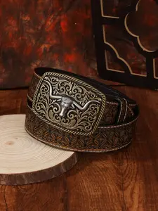 Western Cowboy Style Embossed Design Belt, Western Concho Belts, Stylish Belts, Fashionable Pu Leather Adjustable Belts for Women & Men, Casual Waistband for Jeans Trousers