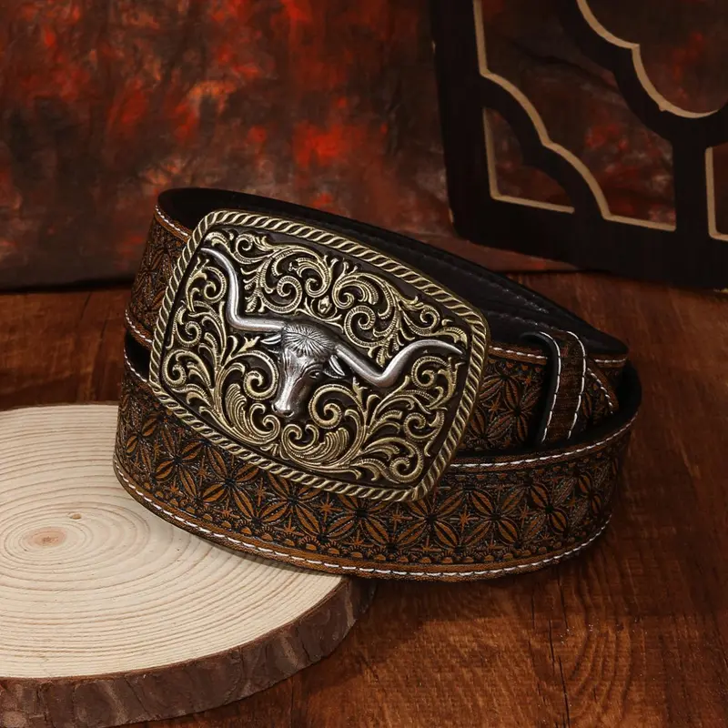 Western Cowboy Style Embossed Design Belt, Western Concho Belts, Western Buckle Belt, Stylish Fashionable PU Leather Adjustable Belts for Women & Men, Casual Waistband for Trousers, Cowgirl Belt, Belt for Jeans