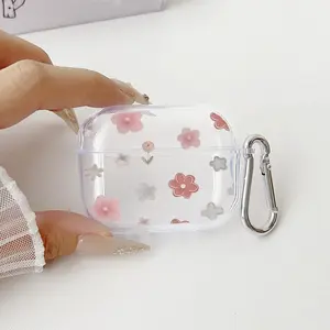 Delicate Flower Assortment Pattern Protective Case for AirPods 4/3/2/1/Pro/Pro2 Soft TPU Earphone Cover, Transparent with Keychain
