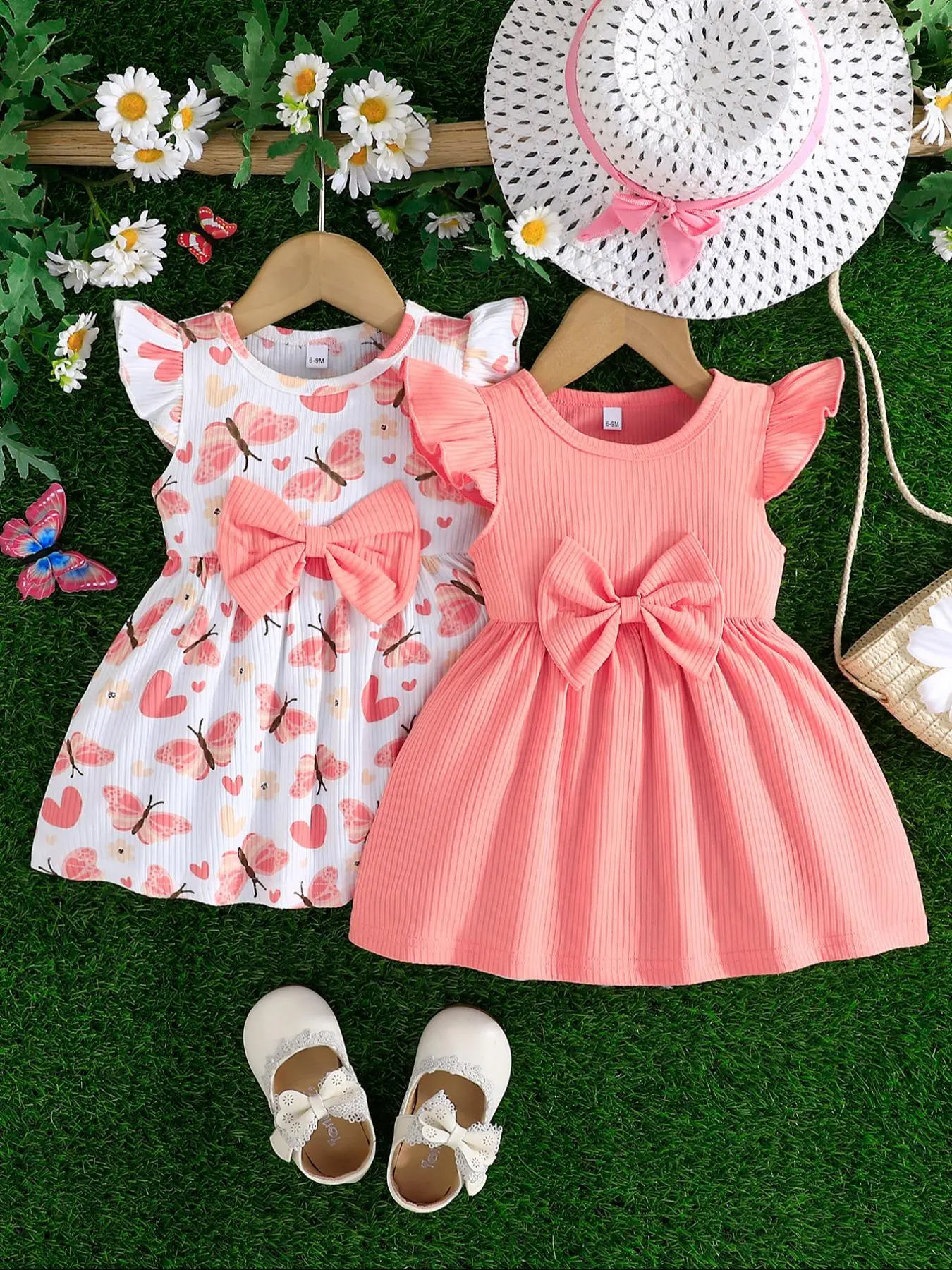 Baby Girl's Plain/butterfly Print Bow Decor Dress, Cute Casual Butterfly Sleeve Crew Neck Dress for Summer, Newborn Infant Kids Clothes for Daily Wear