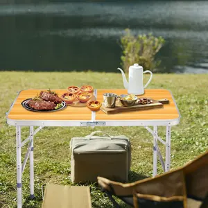 NEWZOME  Aluminum Alloy Folding Table Wood Grain Color Lightweight Portable Picnic Table with Carry Handle Adjustable Height Waterproof Surface for Camping BBQ Indoor Outdoor Travel Events