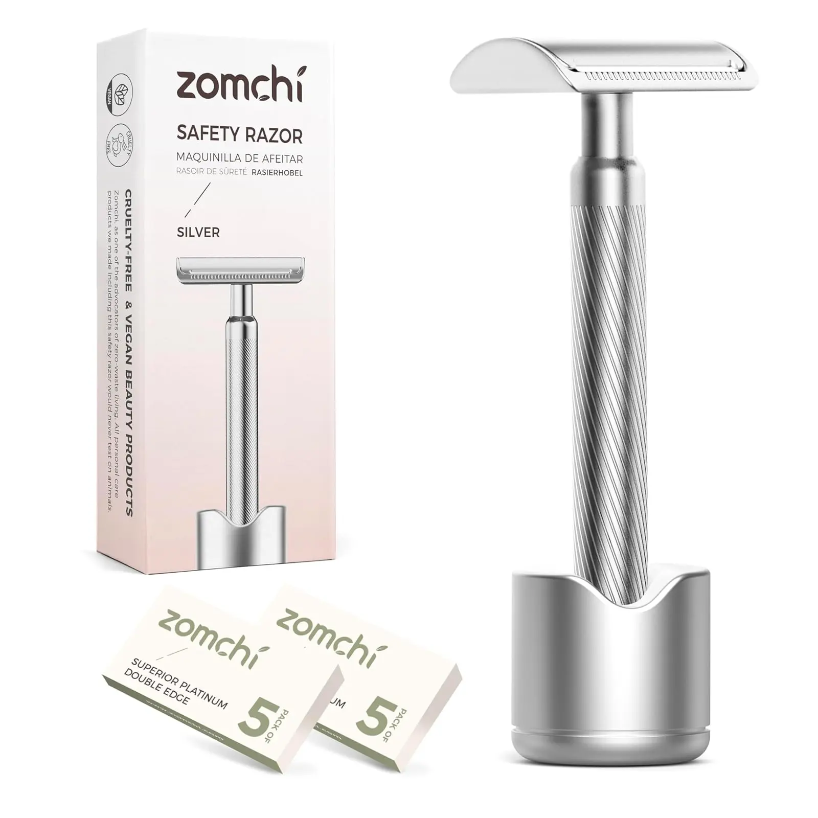 ZOMCHI Double Edge Safety Razor for Men & Women, Premium Metal Razor with 10 Double Edge Safety Razor Blades, Single Blade Razor with Stand – Noble Silver