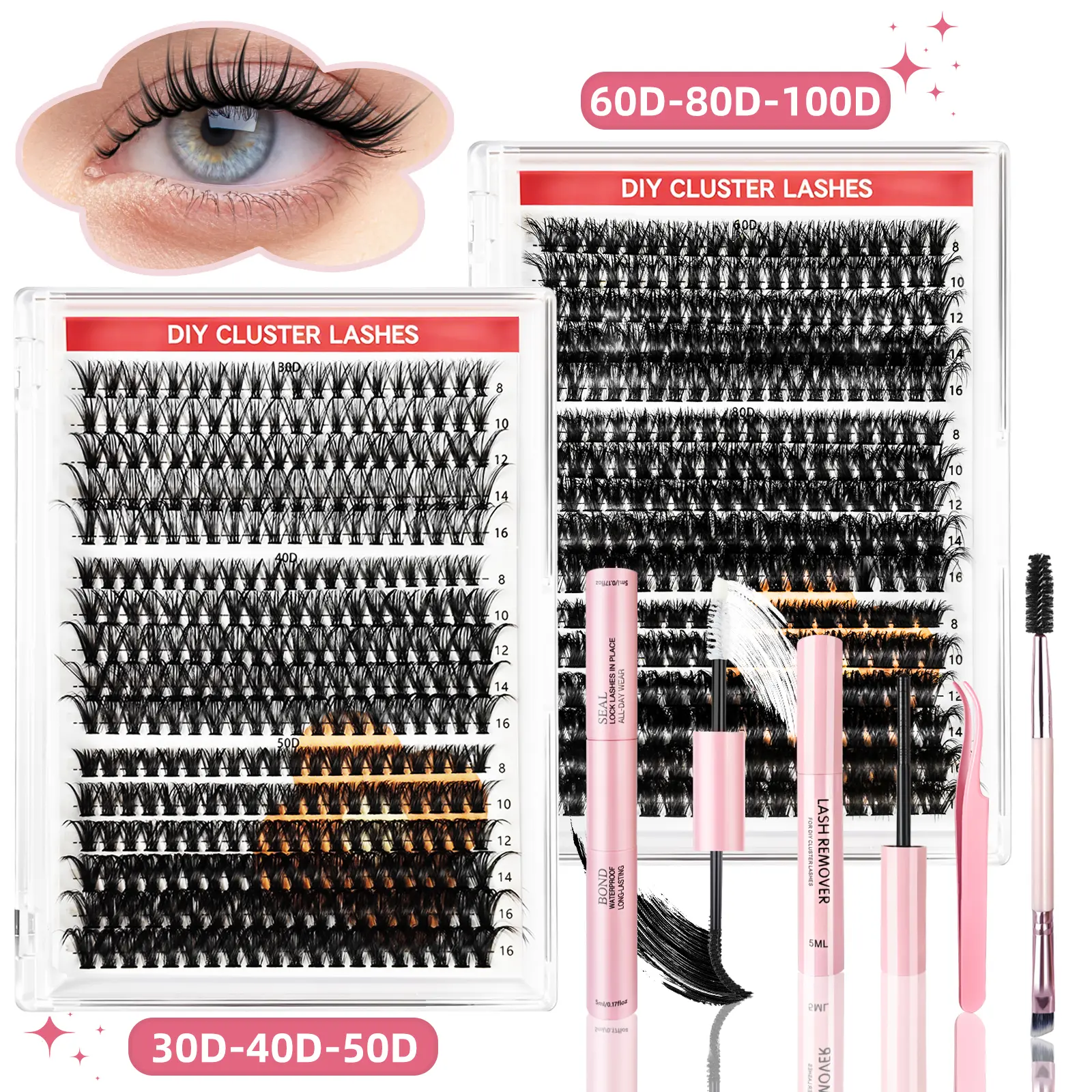 Lash Clusters Kit 30D/40D/50D+60D/80D/100D DIY Lash Cluster Set for Home Use，Eyelash Extension with Waterproof Lash Bond and Seal, Tweezers,in 8–16mm lengths Makeup Cosmetic