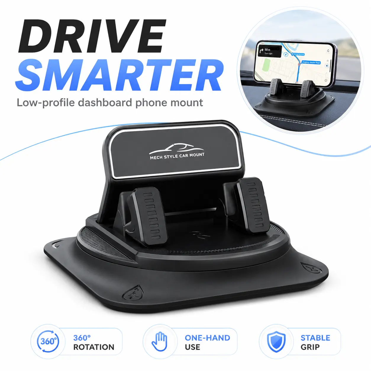 Universal Car Phone Holder for Dashboard Navigation, 360° Rotating Mount with Secure Non-Slip Base, Hands-Free Horizontal and Vertical Viewing for iPhone and Android Smartphones