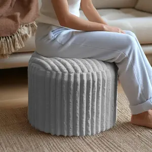 Round Stripe Faux Fur 20" Stuffed Pouf Ottoman Soft Footrest, Solid Support with Removable Washable Cover for Living Room Bedroom Dorm Vanity Under Desk Gray