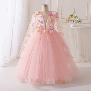 7-12Y Peach Pink 612 Kids Clothes Flower Girls Princess Long Ball Gown Frock 3D Floral Mesh Ball Gown Children Formal Evening Party Banquet Pageant Prom Host Cocktail Dress