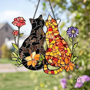 Black and Orange Cat Pair with Flowers Acrylic Suncatcher, Cozy Window Décor