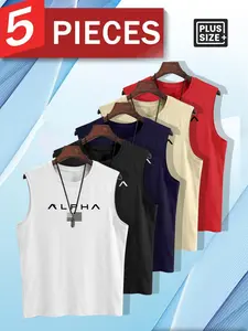 5pcs Men's Plus Size ALPHA USA Flag Graphic Sleeveless Tank Top, Casual Loose Fit Crew Neck Vest, Trendy Streetwear Tops for Summer, Daily Commute & Lounge