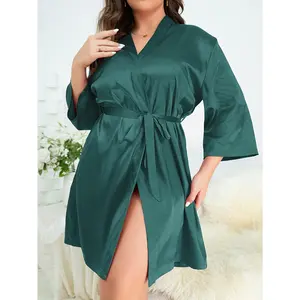 Plus Size Sexy Nightggown, Women's Plus Long Sleeve Open Front Silk Satin Kimono Robe With Belt