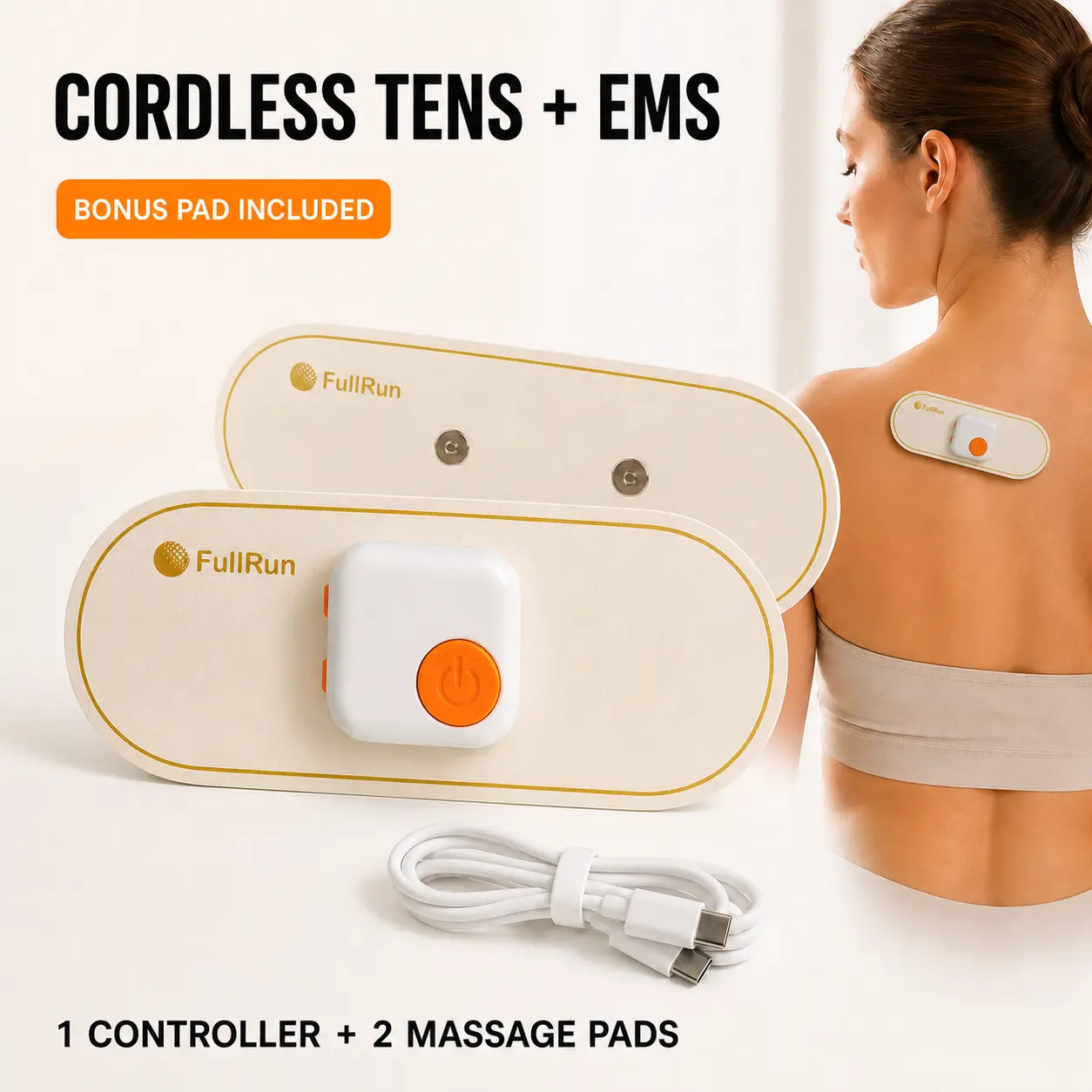 FullRun Cordless TENS & EMS Muscle Stimulator Kit, Rechargeable Mini Pulse Massager with 2 Pads and Adjustable Intensity for Shoulder, Back, Arms and Legs, Massage Devices, Shoulder Pain Relief