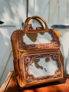 Tooled Leather Cowhide Backpack | Diaper or Work Bag Style + Hidden Back Pocket