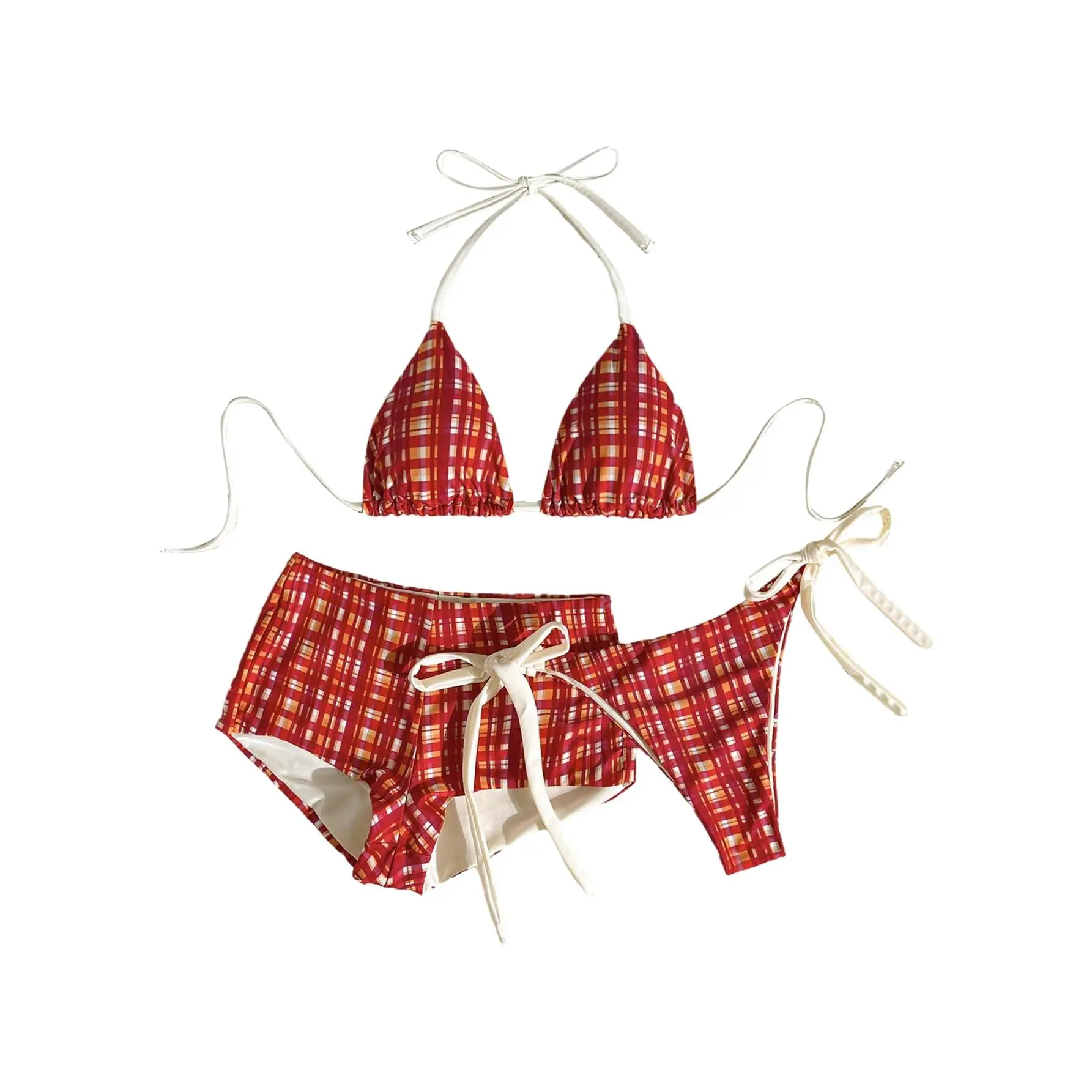 3 Piece Swimsuits Gingham Halter Boyshort Bikini Set Boho Beach Outfits with Boyshorts