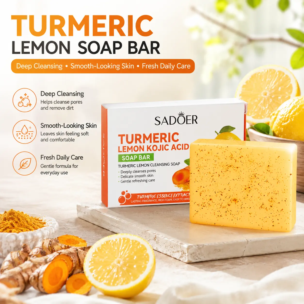 Turmeric Lemon Kojic Acid Bath Soap Bar - Rich Foaming Body Cleanser with Fresh Citrus Scent for Daily Shower & Face Care (Beauty & Personal Care, Bath & Body Essentials)
