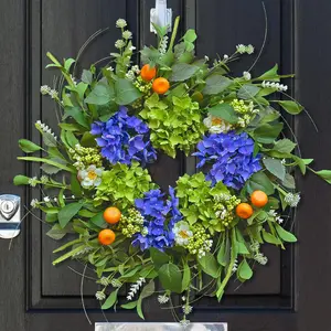 Wreaths for Front Door 24 Inch, Summer Wreath,Silk Hydrangea Wreath with White Blossoms & Mini Mandarins, Rustic Farmhouse Indoor & Seasonal Wreath,&Summer Home