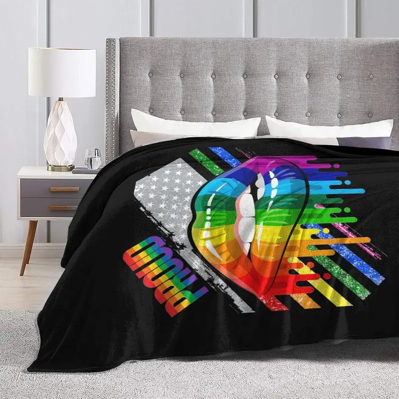 [Warm Polyester Knit Blanket] 1pc Contemporary Lesbian Pride Rainbow Lips Flannel Throw - Soft, Wrinkle-Resistant, 250-300gsm for Bed, Sofa - Ideal for Christmas, Whimsical Home Decor, Room Accent