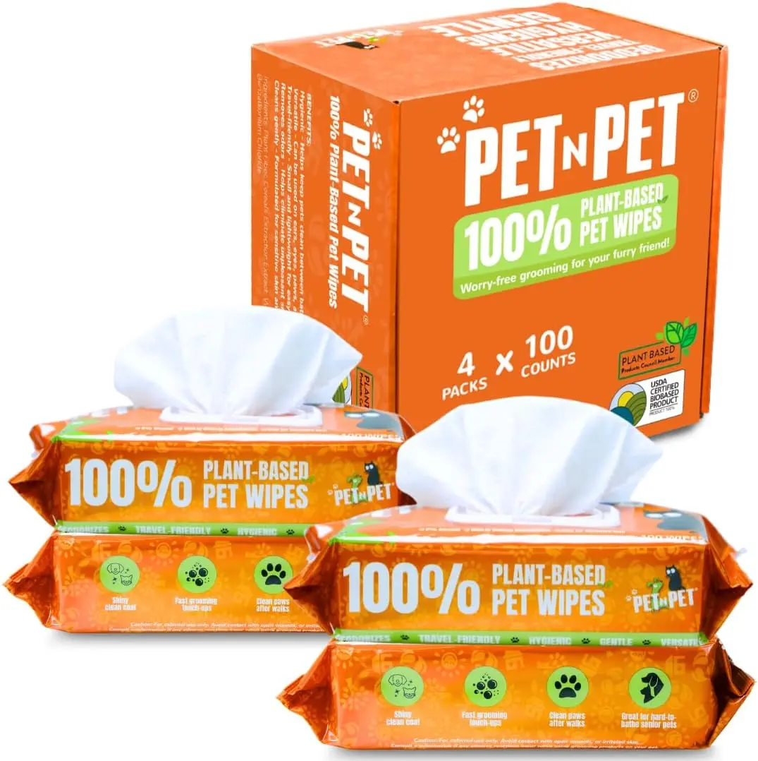 PET N PET 100% Plant-Based Hypoallergenic Dog and Cat Wipes, 400 Count, 8"x8" Unscented for Eyes, Paws, Face, and Butt