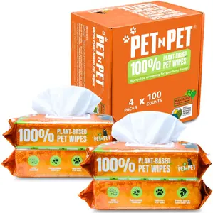 PET N PET 100% Plant-Based Hypoallergenic Dog and Cat Wipes, 400 Count, 8"x8" Unscented for Eyes, Paws, Face, and Butt