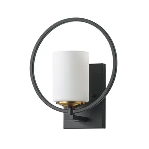1-Light Black Milk White Glass Shade with Round Photo Frame Metal Design Wall Sconces