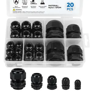 20 Pcs IP68 Waterproof Cable Gland Kit Nylon NPT Adjustable Cable Connectors Assortment 1/4” 3/8” 1/2” 3/4” 1“ for Waterproof Junction Box Wire Pannel (Black, 20 Pcs)