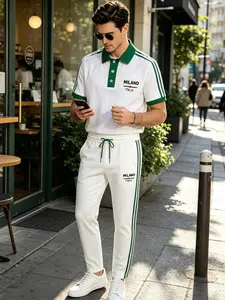 Men's 2-Piece Milan Italian Pattern Casual Sports Top & Pants Set, Menswear for Golf & Fitness, Striped All-Season Clothing Golf Sportswear Set