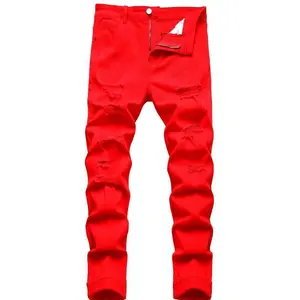 Men’s red ripped casual stretch cotton skinny jeans streetwear baggy jeans St. Patrick’s Day outfit