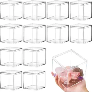 12 Pcs Square Clear Acrylic Boxes with Lid, Small Plastic Mini Clear Container Decorative Storage Box for Home Candy Pill Tiny Jewelry Display, 3 x 3 x 3