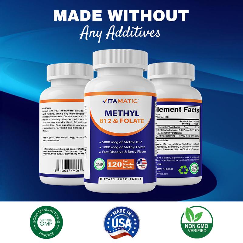 Vitamatic Methyl Folate & B12 Supplement with Pyridoxal 5 Phosphate (P-5-P) - 120 Fast Dissolve Tablets
