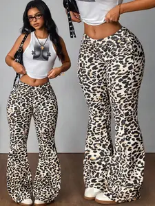 Women's Leopard Print Flare Leg Sweatpants, Casual Comfy Bell Bottom Trousers for Daily Wear, Ladies Bottoms for Spring & Fall, Bohemian Trousers