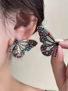 Vintage Colorful Rhinestone Butterfly Metal Earrings, Fashion Earrings, Trendy Design Women's Party Vacation Elegant Earings, Pair of Stylish Jewelry Stud Earrings Jewelry