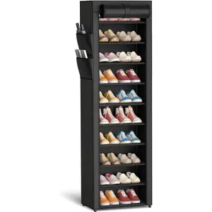 Shoe Rack - 10-Tier Large Capacity Shoe Organizer Shelf with Dust Cover & Side Pockets, Rust-Proof Metal Shoe Rack for Closet, Entrance, Living Room, 17.5" x 12.4" x 69.3", Black
