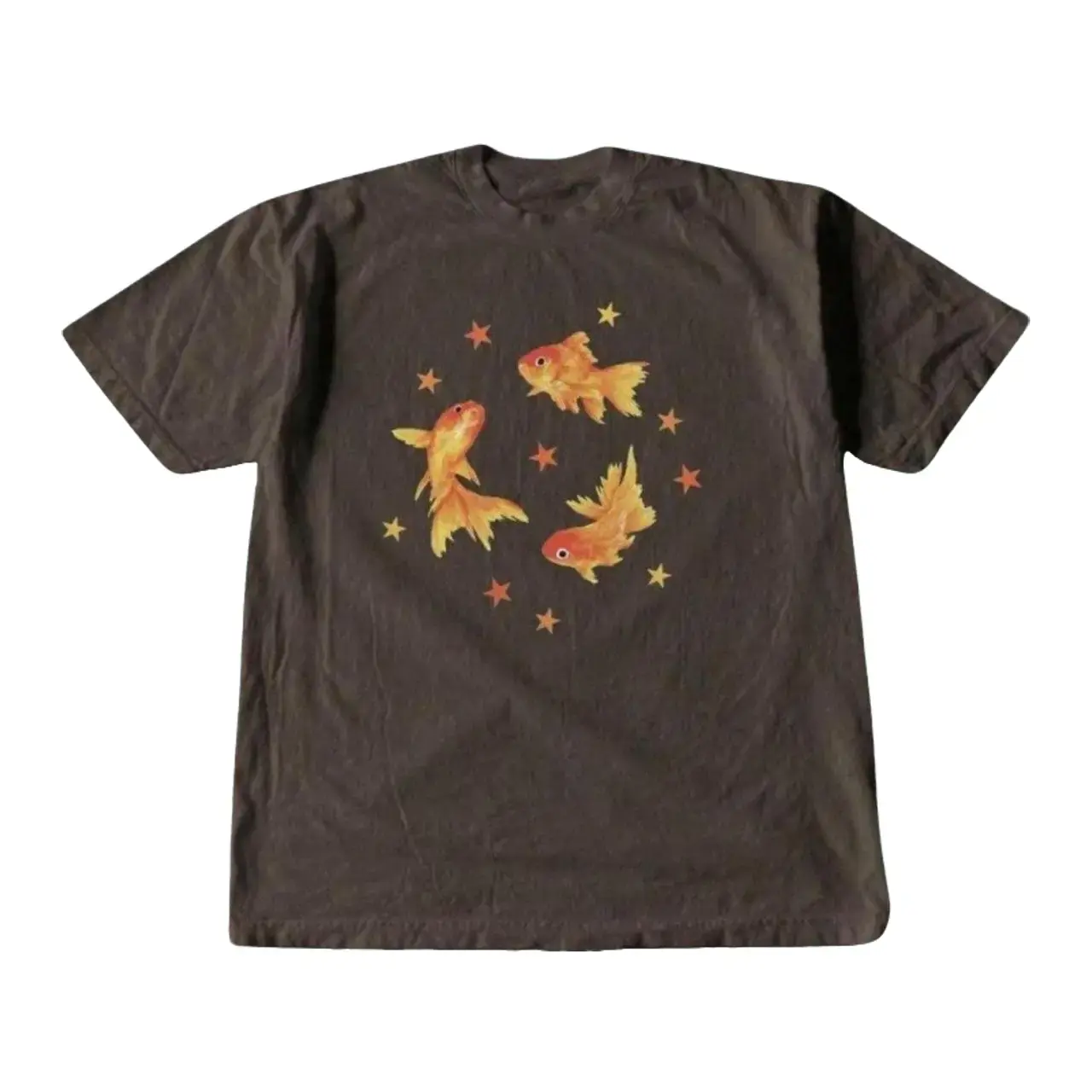 Vintage Goldfish Graphic Tee, Wholesome Swimming Fish Brown T-Shirt, Retro Cottagecore Celestial Stars Aquatic Aesthetic Gildan Top