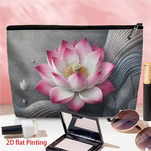 1pc Pink Lotus Waves 1 Portable linen cosmetic bag, exquisite printed cosmetic storage bag, Travel Cosmetic Pouch With Secure Zipper, Lightweight Multi-functional Toiletry Organizer for Women