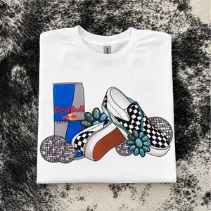 Western Checkered Slip On Sneakers Graphic Tee, Retro Energy Drink Shirt, Disco Ball Cowgirl Outfit, Country Concert Casual Top for Women,  funny graphic tee, graphic tees