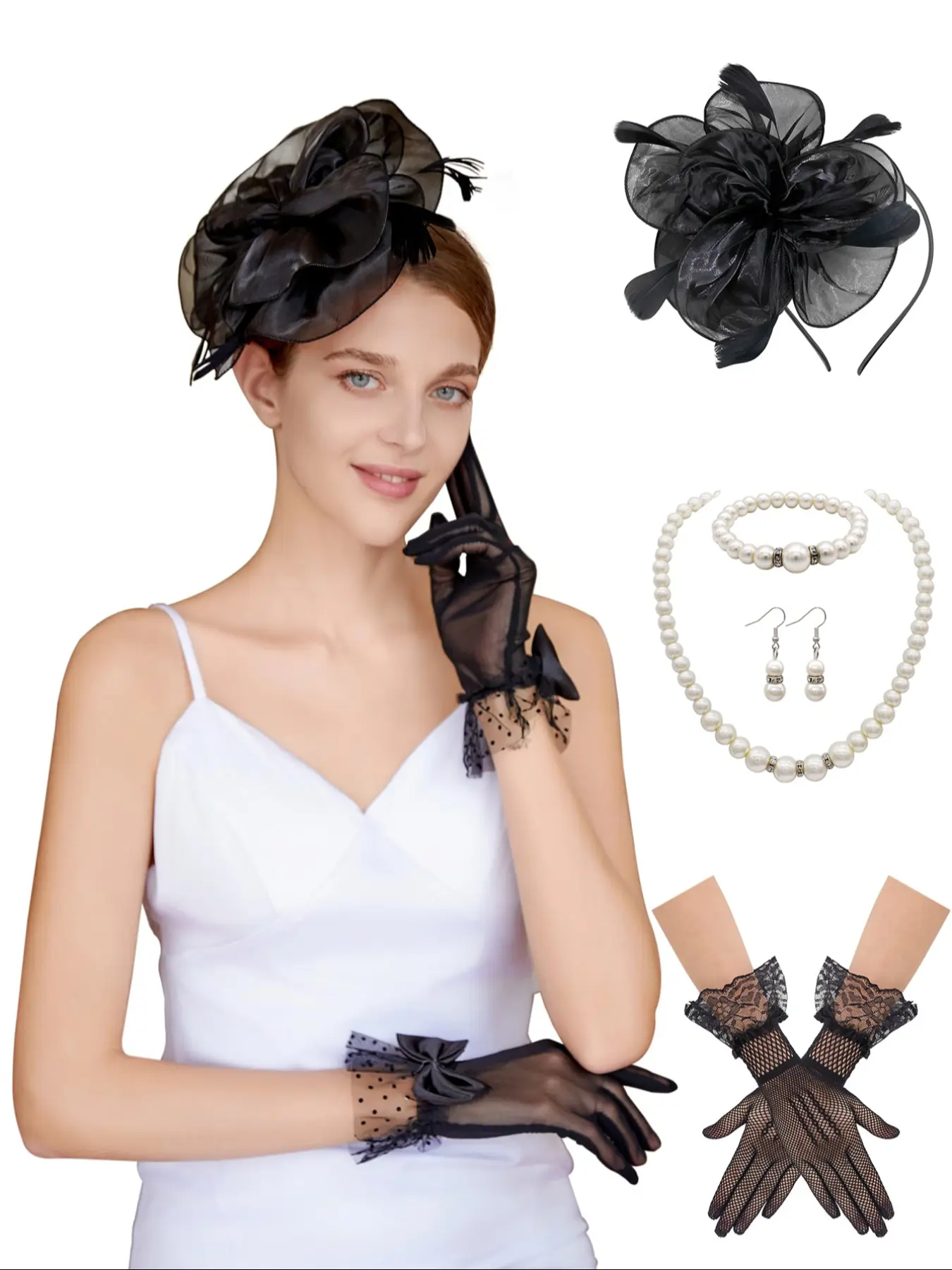 4pcs Fascinators Hats for Women Tea Party, Tea Hat Tea Party Accessories Headband Gloves Set for Wedding Party Cocktail Derby  Mother's Day, Christmas, Thanksgiving, New Year's gifts Party Supplies Party Props