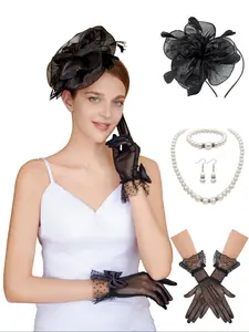 4pcs Fascinators Hats for Women Tea Party, Tea Hat Tea Party Accessories Headband Gloves Set for Wedding Party Cocktail Derby ﻿ Mother's Day, Christmas, Thanksgiving, New Year's gifts