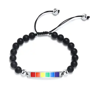 OIDEA Rainbow Bar Agate Beaded Bracelet, Boho Friendship Braided Rope Adjustable Stretch Wristband, Unisex Pride Gift
